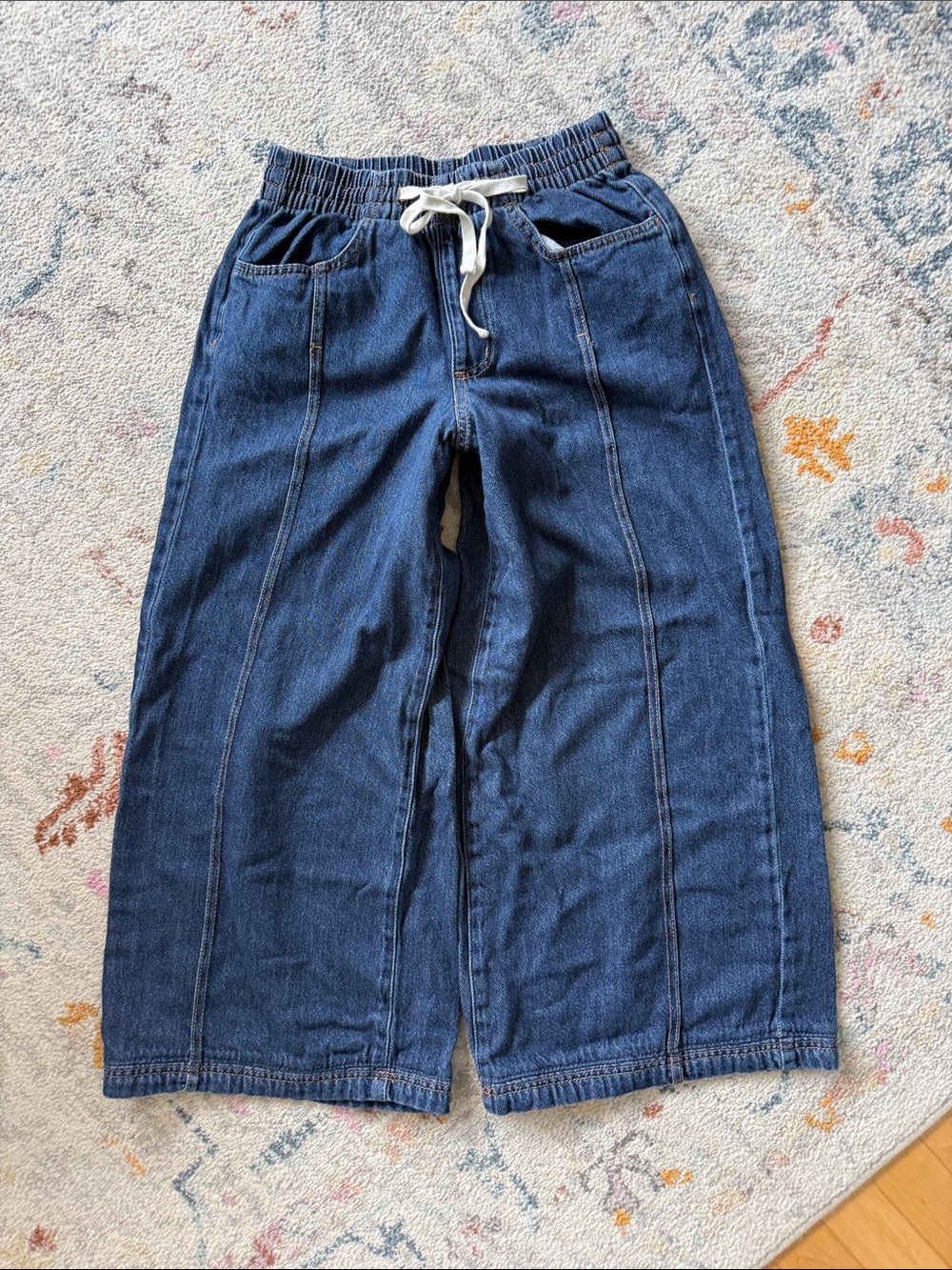 Wide Leg Drawstring Denim Pants - Dark Blue